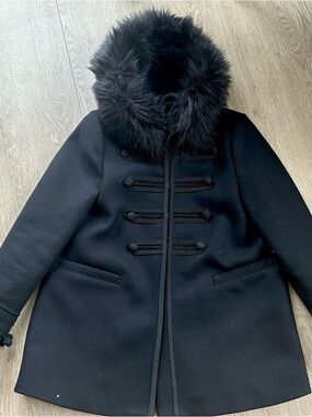 Zara Black Pea Coat with Faux Fur Hood Trim